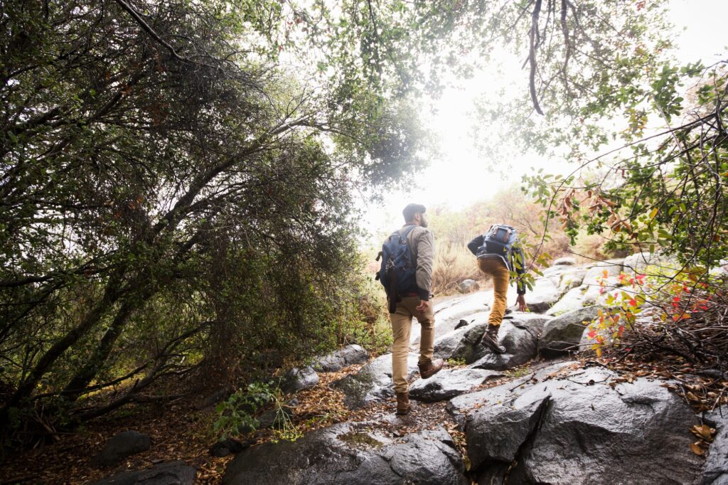 Two young men carrying backpacks hiking.